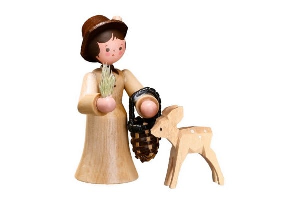 German Wooden Figurin Forest Ranger with Deer, nature, 6 cm, Romy Thiel Deutschneudorf/ Erzgebirge