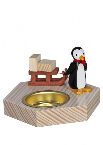 Teelichthalter Pinguin mit Schlitten, 6 cm von Volker Zenker aus Seiffen