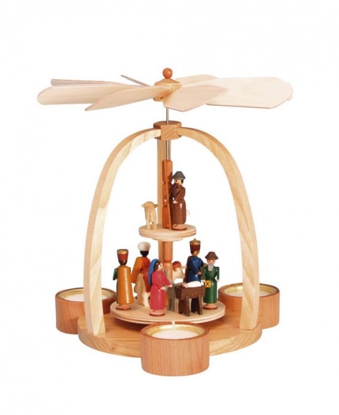 Christmas pyramid for tea lights with Holy Family, colored, 24 cm by Knuth Neuber