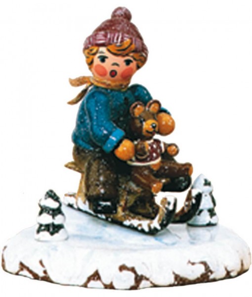 German Figurine - Winter Kid boy with sled, 7 cm, Hubrig Volkskunst GmbH Zschorlau/ Erzgebirge