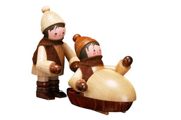 German Wooden Figurin Bobsledder, 2 - pieces, nature, 6 cm, Romy Thiel Deutschneudorf/ Erzgebirge