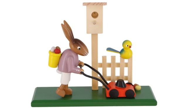 Easter bunny with lawnmower, 12 cm, colored by SEIFFEN.COM_1