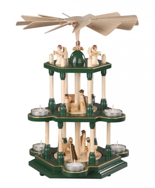 Albin Preißler Teelichtpyramide  Heilige Familie, grün, 3-stöckig, 41 cm 