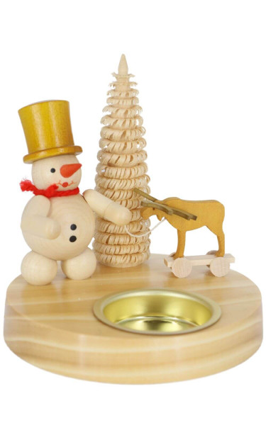 German Wooden Figurin Snowman with moose for tealight, nature, 10 cm, Volker Zenker Seiffen/ Erzgebirge