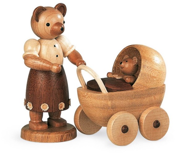 Dekofigur Bärenmutter mit Kinderwagen aus Holz, naturfarben von Müller Kleinkunst aus Seiffen
