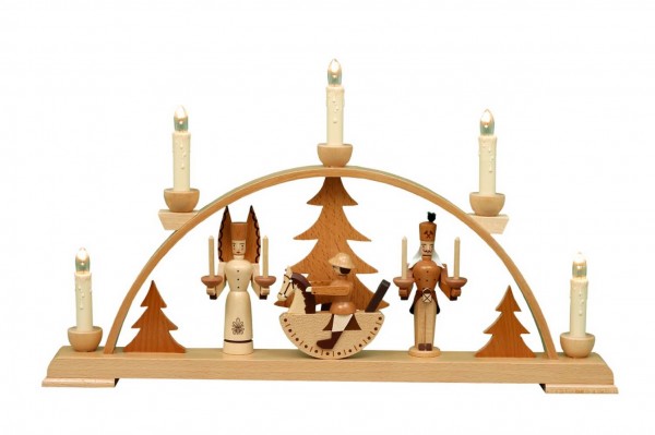 Candle arch Seiffen with angel and miner, nature with white candles from Eckert