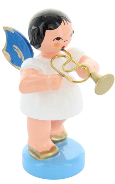 Christmas angel standing with flugelhorn and blue wings by Figurenland Uhlig GmbH