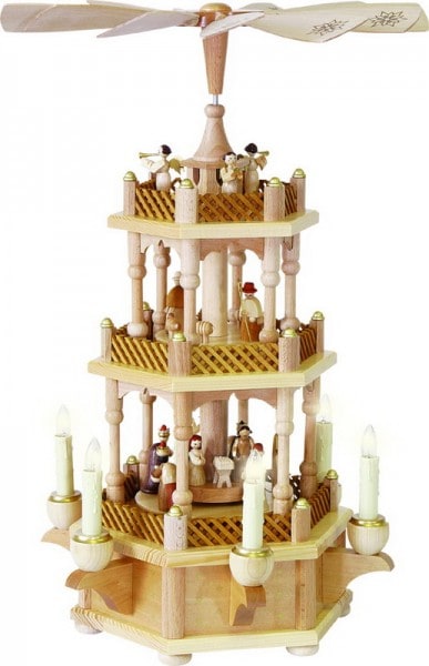 German Christmas Pyramid Nativity Set, 2 - levels, electrical driven and illuminated, Height 45 cm, Richard Glässer GmbH Seiffen/ Erzgebirge