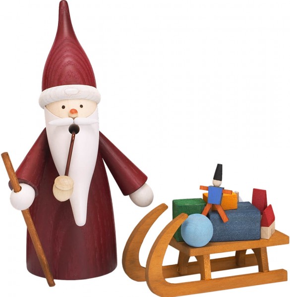 German Incense Smoker Gnome Santa with Sled, 16 cm, Seiffener Volkskunst eG Seiffen/ Erzgebirge