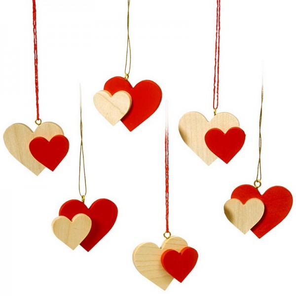 Christmas Tree Decoration & Ornament Hearts, nature and red, 6 - pieces, 5 cm, Robbi Weber Seiffen/ Erzgebirge