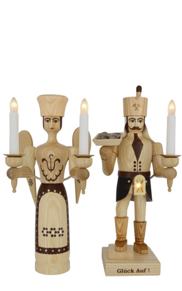 Engel und Bergmann mit Erzschale und Bauchlampe, 34 cm, natur, elektrisch beleuchtet von SEIFFEN.COM_4
