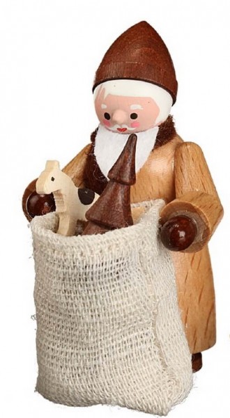 German Wooden Figurin St Nicholas with Sack, nature, 6 cm, Romy Thiel Deutschneudorf/ Erzgebirge