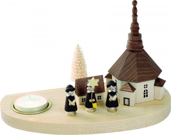 Richard Glässer Weihnachtskerzenhalter Seiffener Kirche mit Kurrende, 16 cm