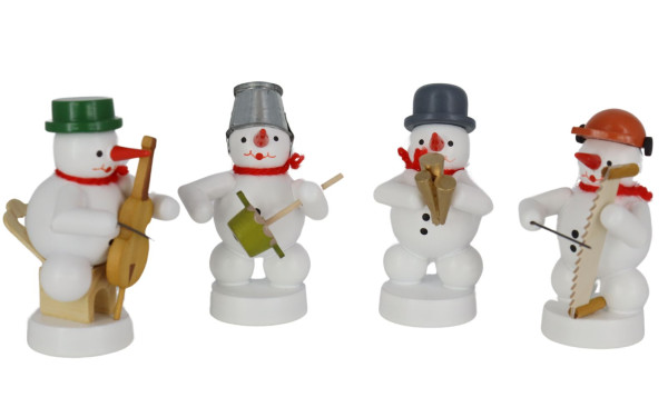 Miniature band of snowmen with shawm, cello, humming pot, singing saw by Ralf Zenker