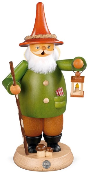 Smoking gnome with lantern made of wood by Müller Kleinkunst from Seiffen